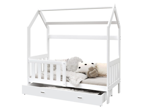 Białe łóżko dziecięce domek z barierką i szufladą