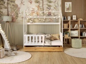 miniaturka Łóżko domek Bella z barierką i schowkiem na zabawki