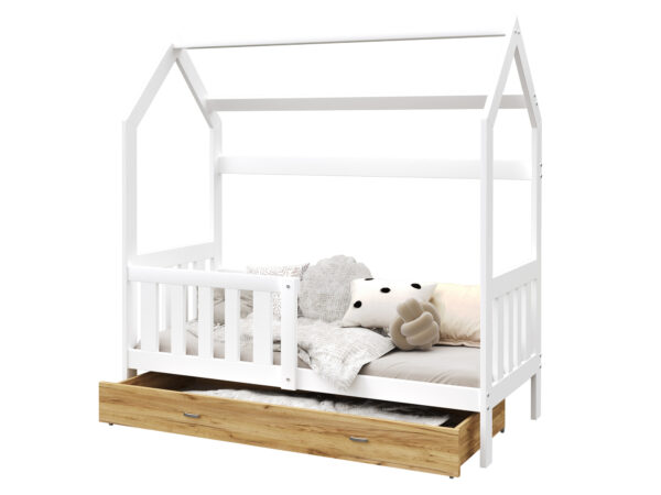 Białe łóżko dziecięce domek z barierką i szufladą dąb craft