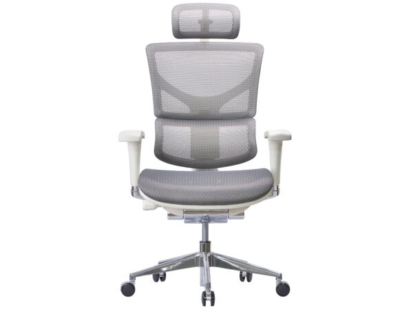 Ergonomiczny fotel biurowy biało-szary z siatką i zagłówkiem