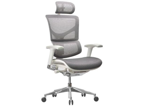 Ergonomiczny fotel biurowy szary z siatką i zagłówkiem