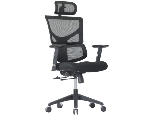 Ergonomiczny fotel biurowy czarny z siatką i zagłówkiem