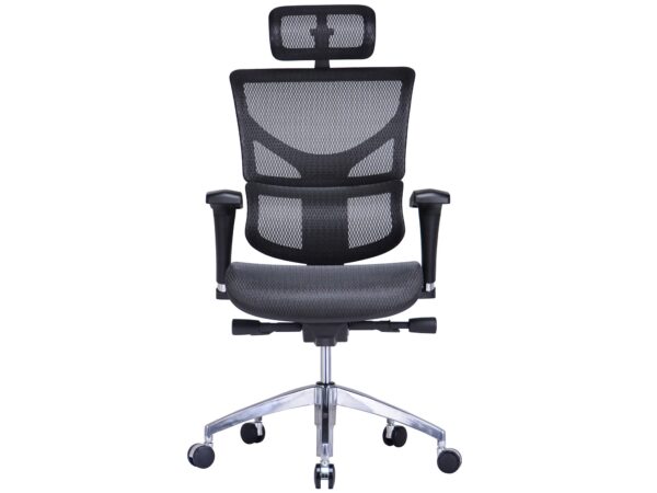 Ergonomiczny fotel biurowy czarny z siatki z zagłówkiem i podłokietnikami