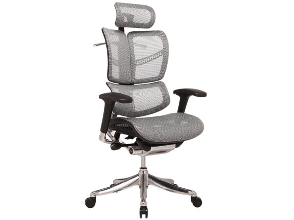 Ergonomiczny fotel biurowy szary z siatki z zagłówkiem i podłokietnikami