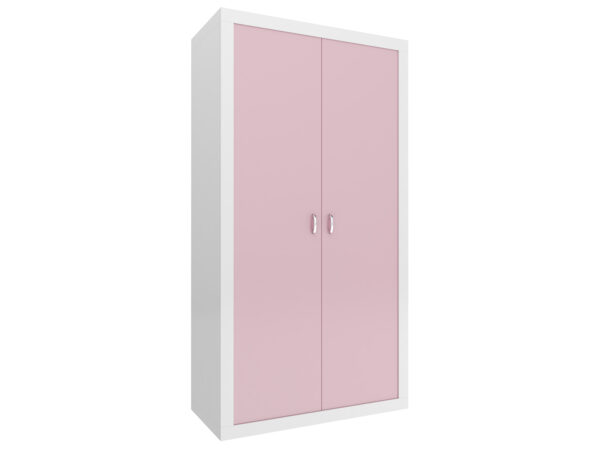 Dwudrzwiowa szafa biała z różowymi frontami i chromowanymi uchwytami