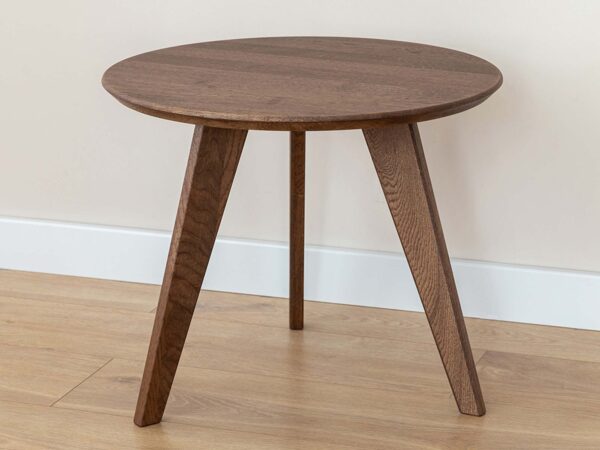 Stolik kawowy okrągły dębowy skandynawski z nogami skośnymi