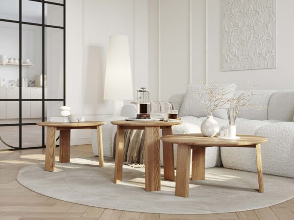 Trzy stoliki kawowe dębowe naturalne różne rozmiary