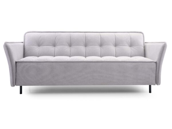 Jasnoszara sofa trzyosobowa z pikowanym oparciem na czarnych nóżkach