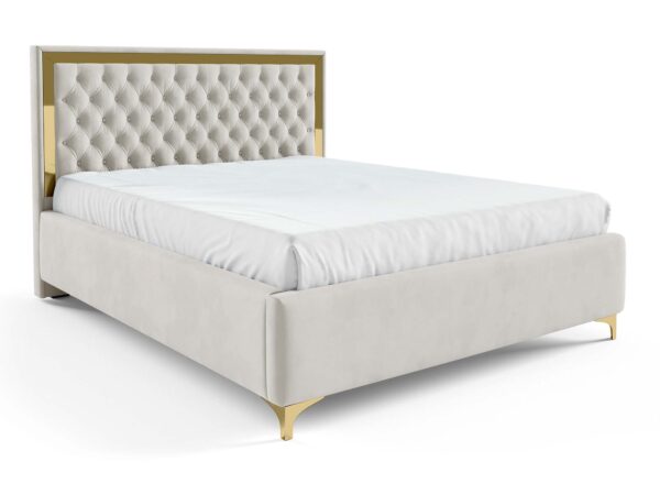 Tapicerowane łóżko kremowe z pikowanym zagłówkiem i złotą ramą