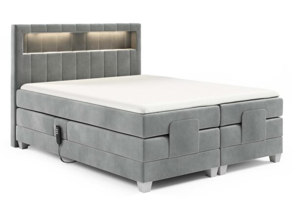 Szare łóżko kontynentalne tapicerowane z oświetleniem LED w zagłówku
