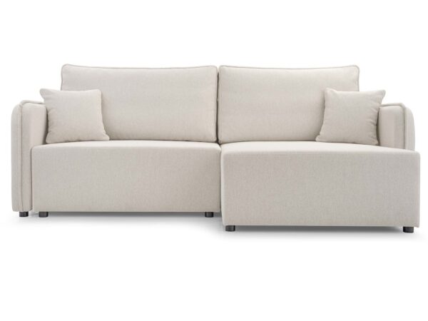 Narożnik prawy tapicerowany beżowy z poduszkami dekoracyjnymi