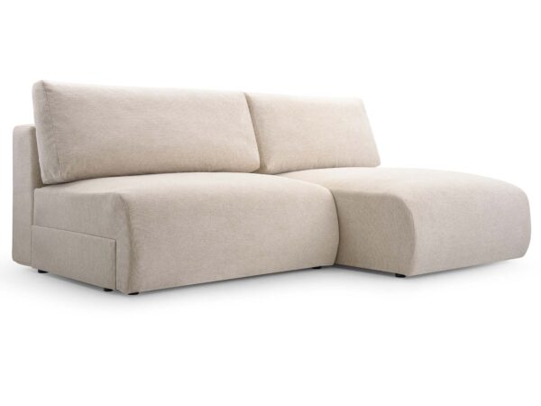 Narożnik tapicerowany beżowy z szezlongiem w tkaninie bouclé