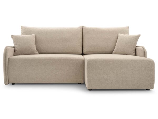 Narożnik prawy beżowy tapicerowany z poduszkami dekoracyjnymi