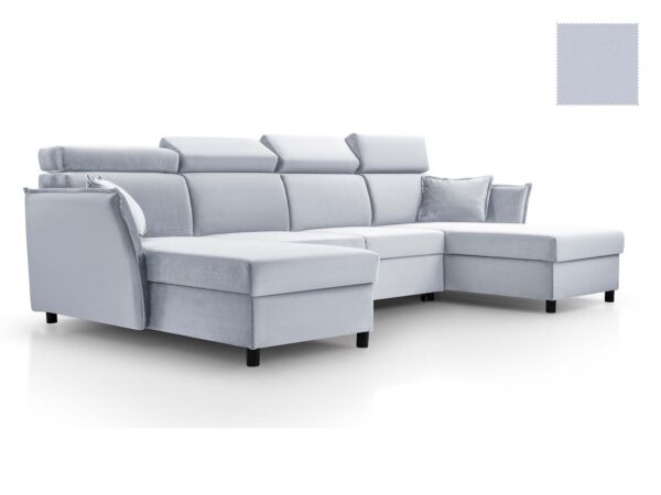 Jasnoszary narożnik tapicerowany z regulowanymi zagłówkami i poduszkami