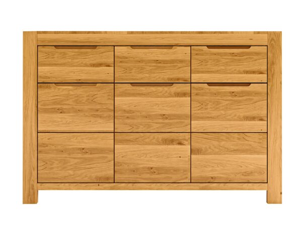 Komoda dębowa szeroka trzydrzwiowa z szufladami widok frontalny