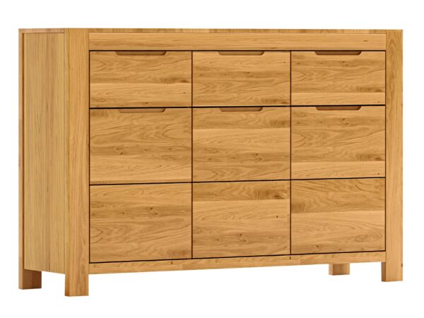 Komoda dębowa szeroka trzydrzwiowa z szufladami widok perspektywiczny