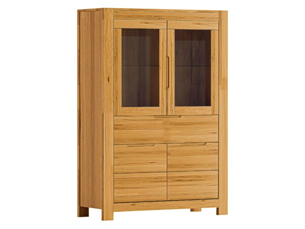 Elegancka witryna dębowa z przeszkleniem pokazana pod kątem