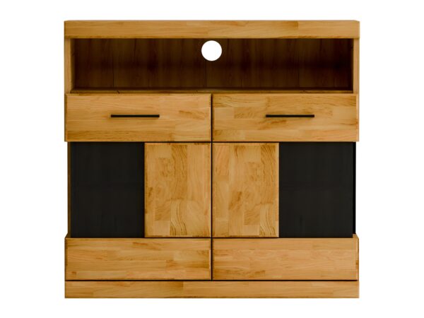 Szafka RTV dębowa z czarnymi wstawkami wnęką i szufladami pełna sylwetka