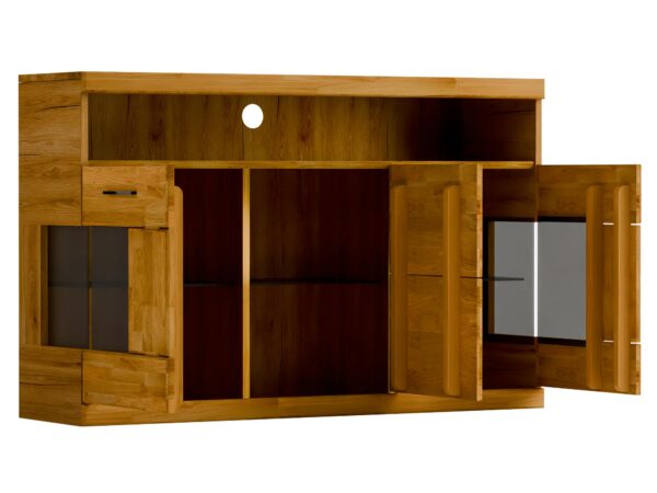Szafka RTV dębowa szeroka z otwartymi drzwiami i szklanymi półkami