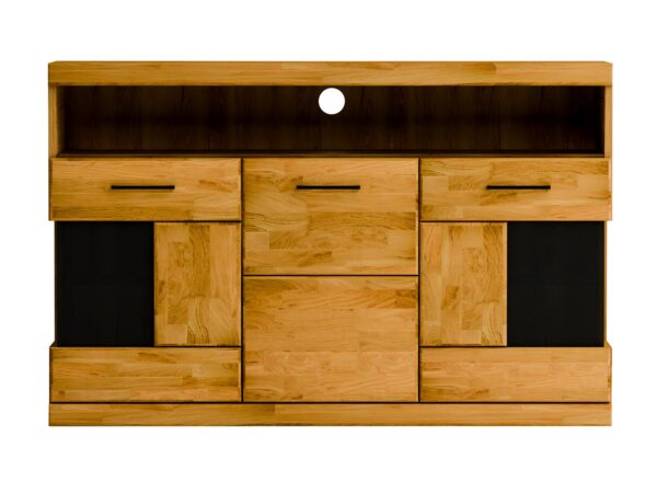 Komoda dębowa szeroka z wnęką trzema szufladami i czarnymi wstawkami