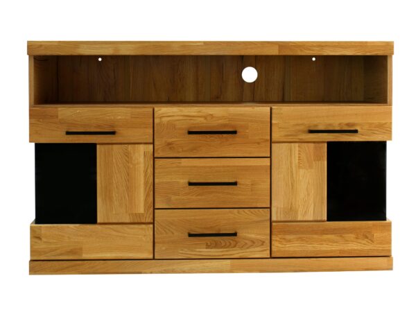 Szafka RTV dębowa szeroka z wnęką szufladami i czarnymi wstawkami