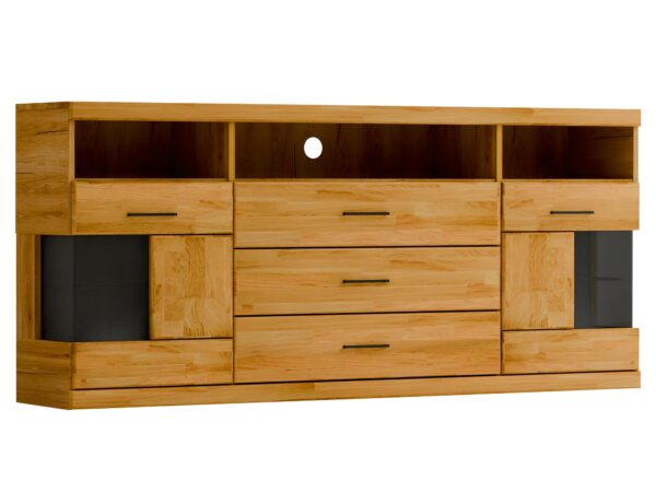 Komoda dębowa szeroka z czarnymi wstawkami widok perspektywiczny