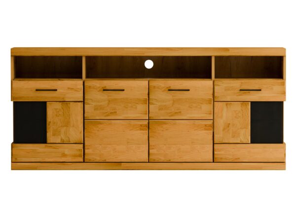 Komoda dębowa szeroka z wnęką drzwiami i szufladami widok frontalny