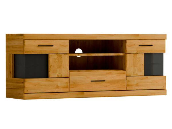 Szafka RTV dębowa szeroka z czarnymi wstawkami widok perspektywiczny