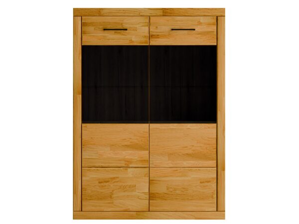 Witryna dębowa dwudrzwiowa z szufladami i ciemnym przeszkleniem pośrodku