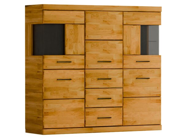 Meblościanka dębowa szeroka z witrynami i licznymi szufladami perspektywicznie