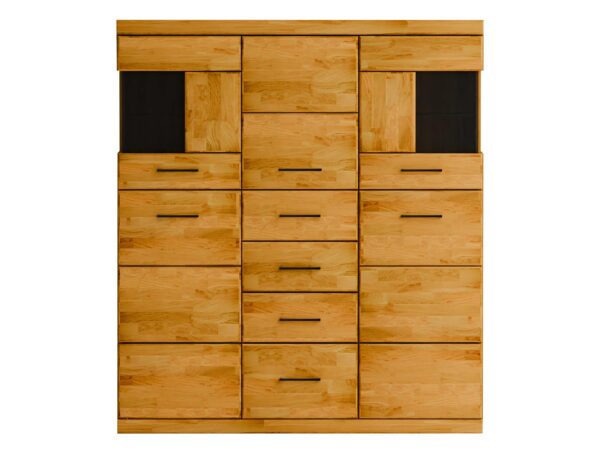 Dębowa meblościanka szeroka z witrynami i licznymi szufladami widok frontalny