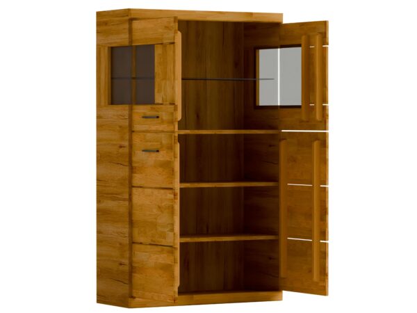 Witryna dębowa dwudrzwiowa z otwartymi drzwiami i półkami wewnątrz
