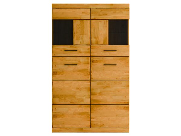 Wysoka witryna dębowa dwudrzwiowa z przeszkleniami szufladami i drzwiami