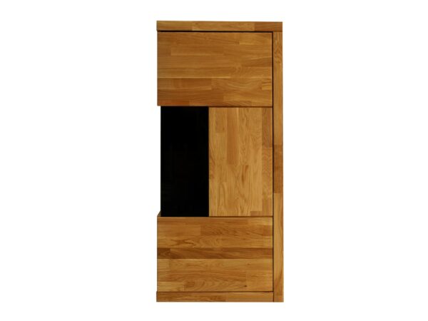 Witryna dębowa wąska z ciemnym przeszkleniem i szufladą pełna sylwetka