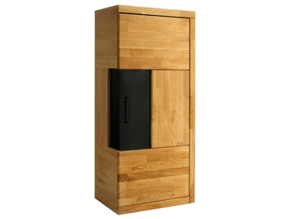 Witryna dębowa wąska z czarnym przeszkleniem widok perspektywiczny