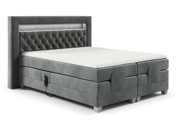 Łóżko kontynentalne szare tapicerowane z pikowaniem i oświetleniem LED