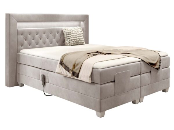 Tapicerowane łóżko kontynentalne beżowe z pikowanym zagłówkiem i pilotem