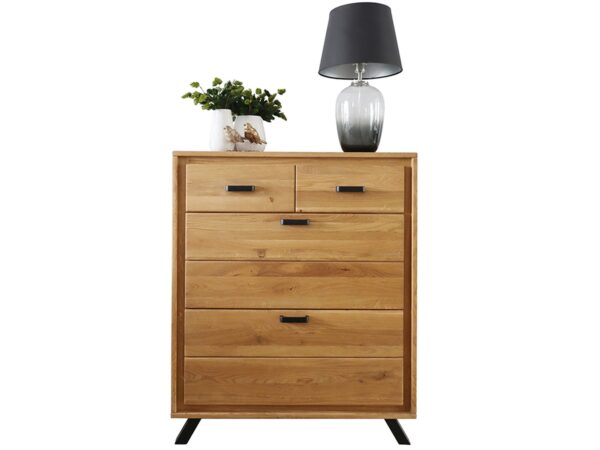Komoda dębowa loft z czarnymi uchwytami pięć szuflad