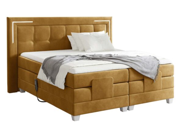 Łóżko kontynentalne musztardowe z elektrycznie regulowanym stelażem i pilotem