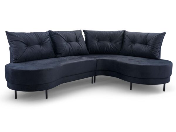 Elegancka sofa narożna granatowa na metalowych nogach z zaokrąglonym siedziskiem