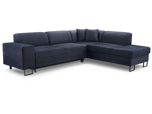 Narożnik tapicerowany granatowy na metalowych nóżkach z poduszką