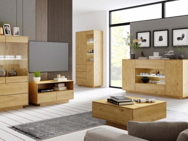 Meble dąb artisan z oświetleniem LED w aranżacji salonu