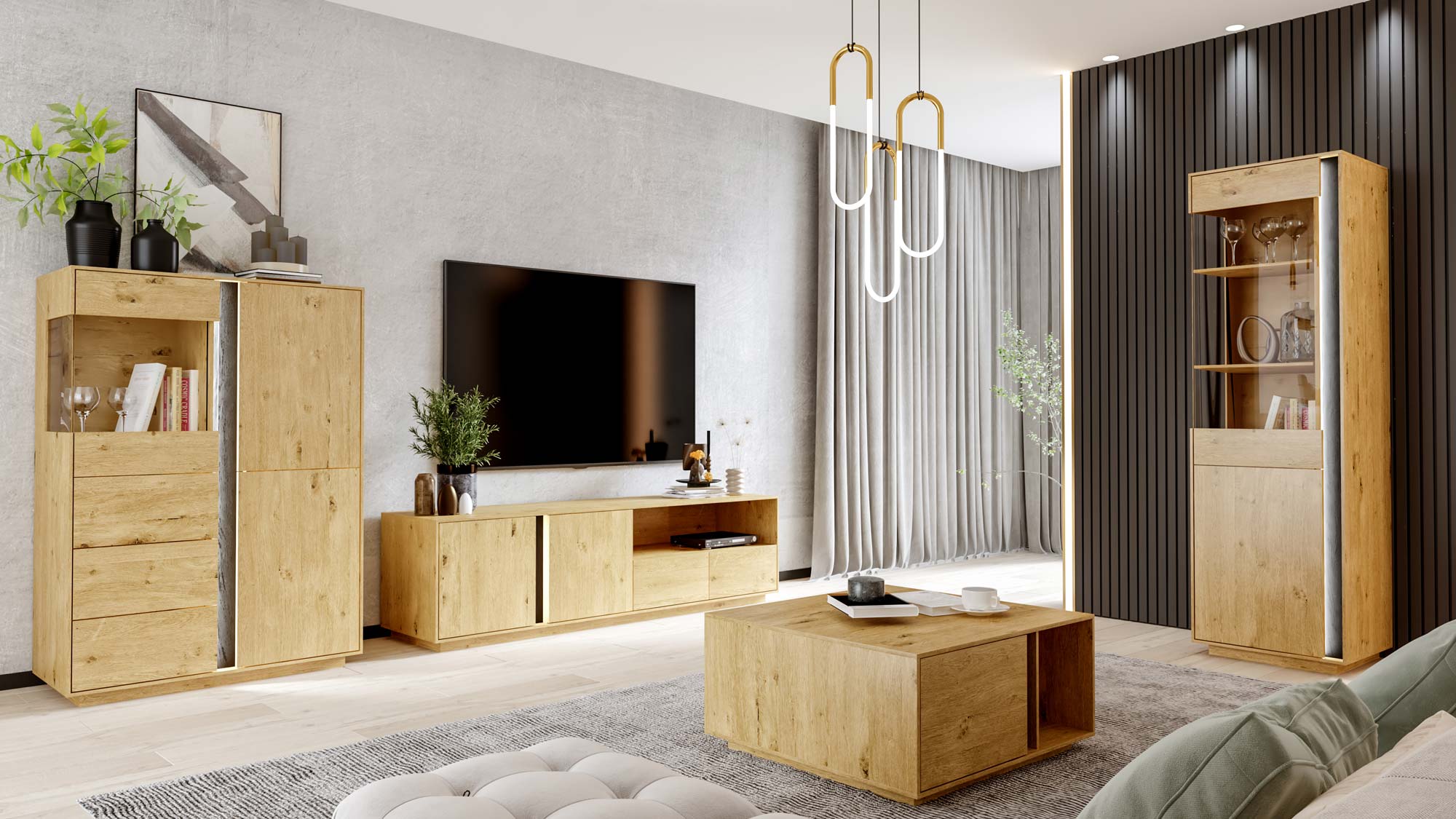 Meble dąb craft w aranżacji nowoczesnego salonu z TV Meble dąb craft w aranżacji nowoczesnego salonu z TV