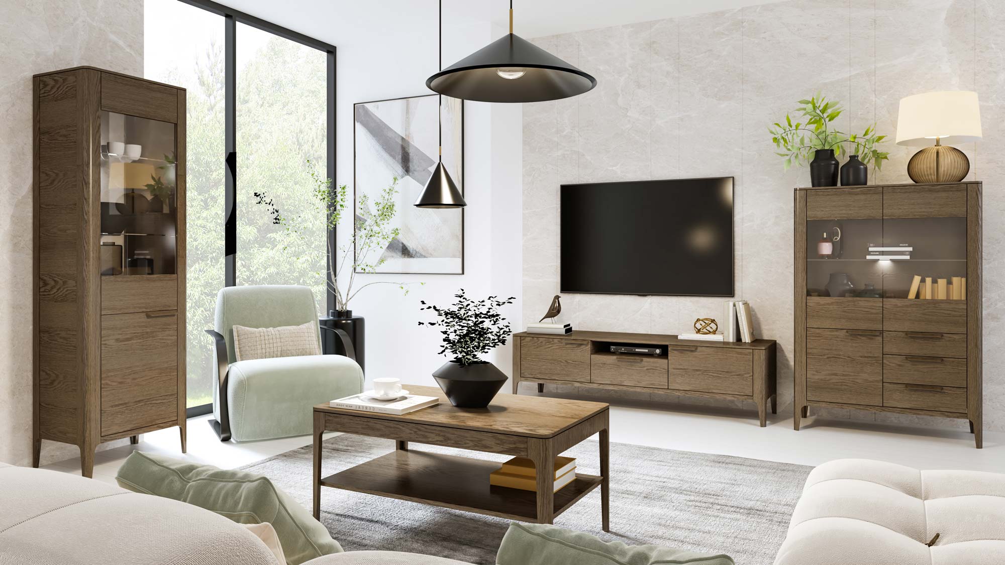 Meble ciemny dąb w aranżacji salonu z witryną i szafką RTV Meble ciemny dąb w aranżacji salonu z witryną i szafką RTV