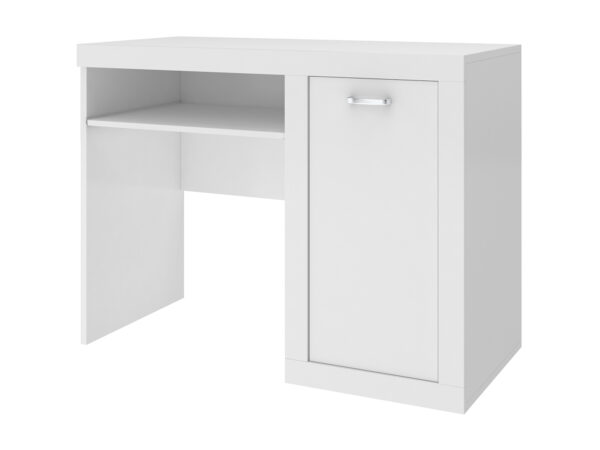 Białe biurko z półką i szafką z chromowanym uchwytem