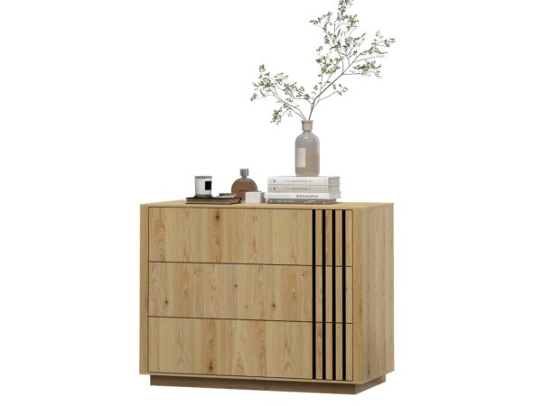 Komoda z trzema szufladami dąb naturalny z czarnymi akcentami