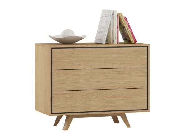 Komoda trzyszufladowa dąb naturalny kompaktowa na skośnych nogach
