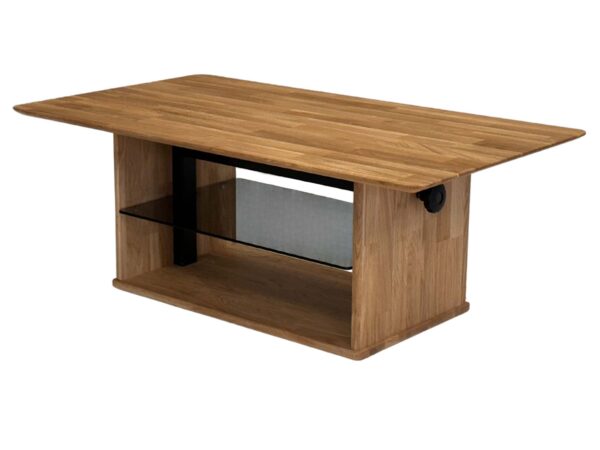 Ława dębowa z półką szklaną i regulowanym blatem