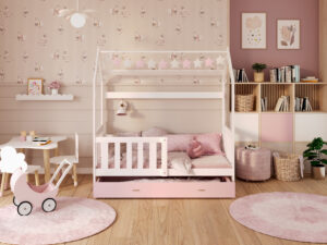 miniaturka Łóżko domek Bella z barierką i schowkiem na zabawki