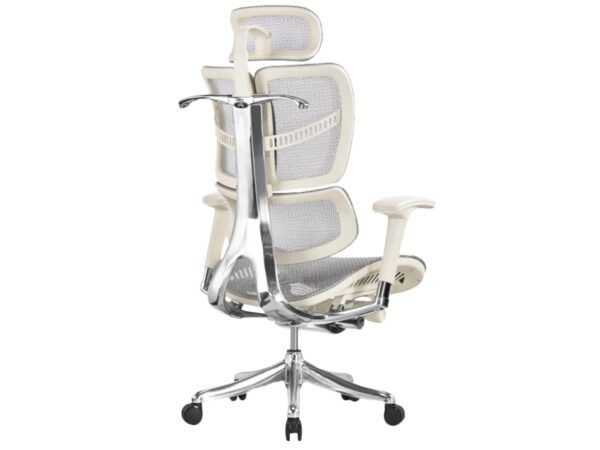 Ergonomiczny fotel biurowy biało-szary z siatką i zagłówkiem